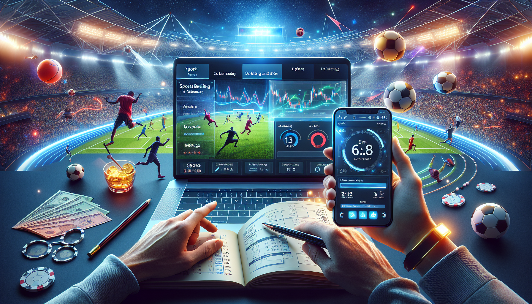 Portada de apuestas deportivas en Bplay con cuotas en pantalla y ambiente deportivo vibrante.