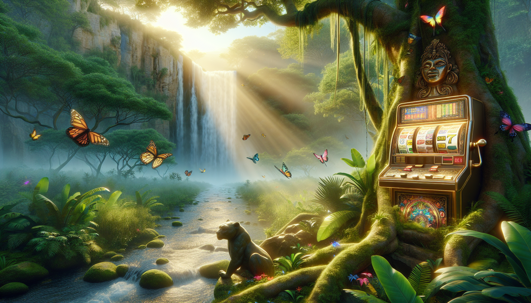 Vista panorámica de la jungla africana en Congo Cash, con cascada, fauna exótica y slot incrustado en piedra