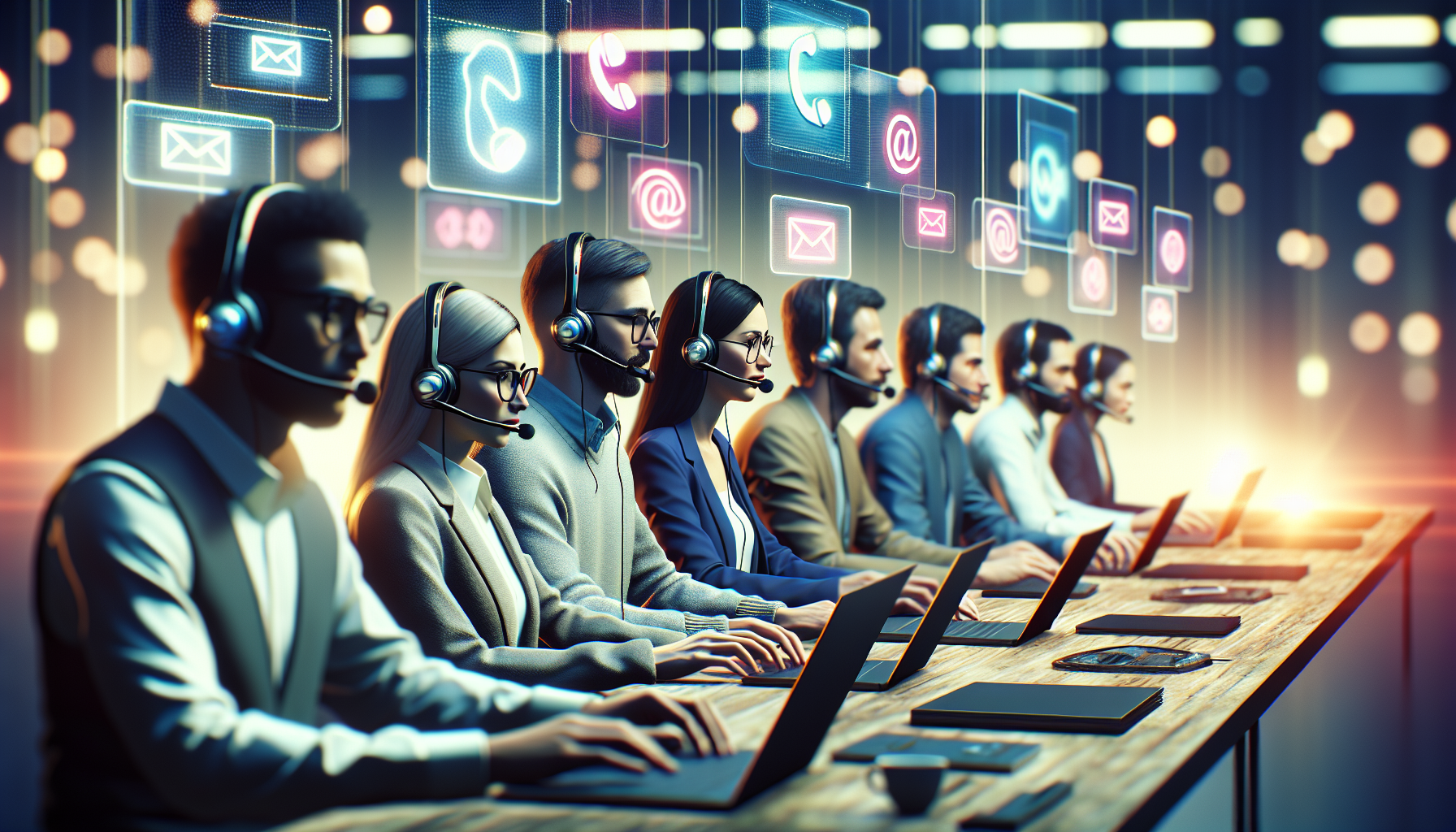 Equipo de soporte de bplay gestionando consultas con laptops en oficina moderna