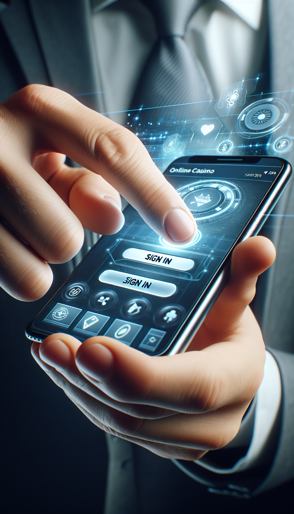 Mano presionando botón de iniciar sesión en BPlay desde un smartphone