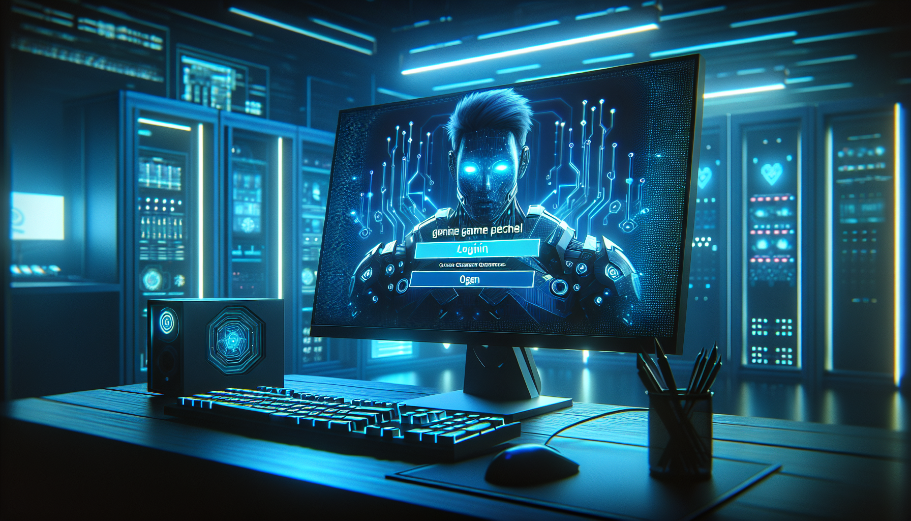 Interfaz de inicio de sesión de BPlay en computadora con ambiente de juegos moderno y luz neón azul