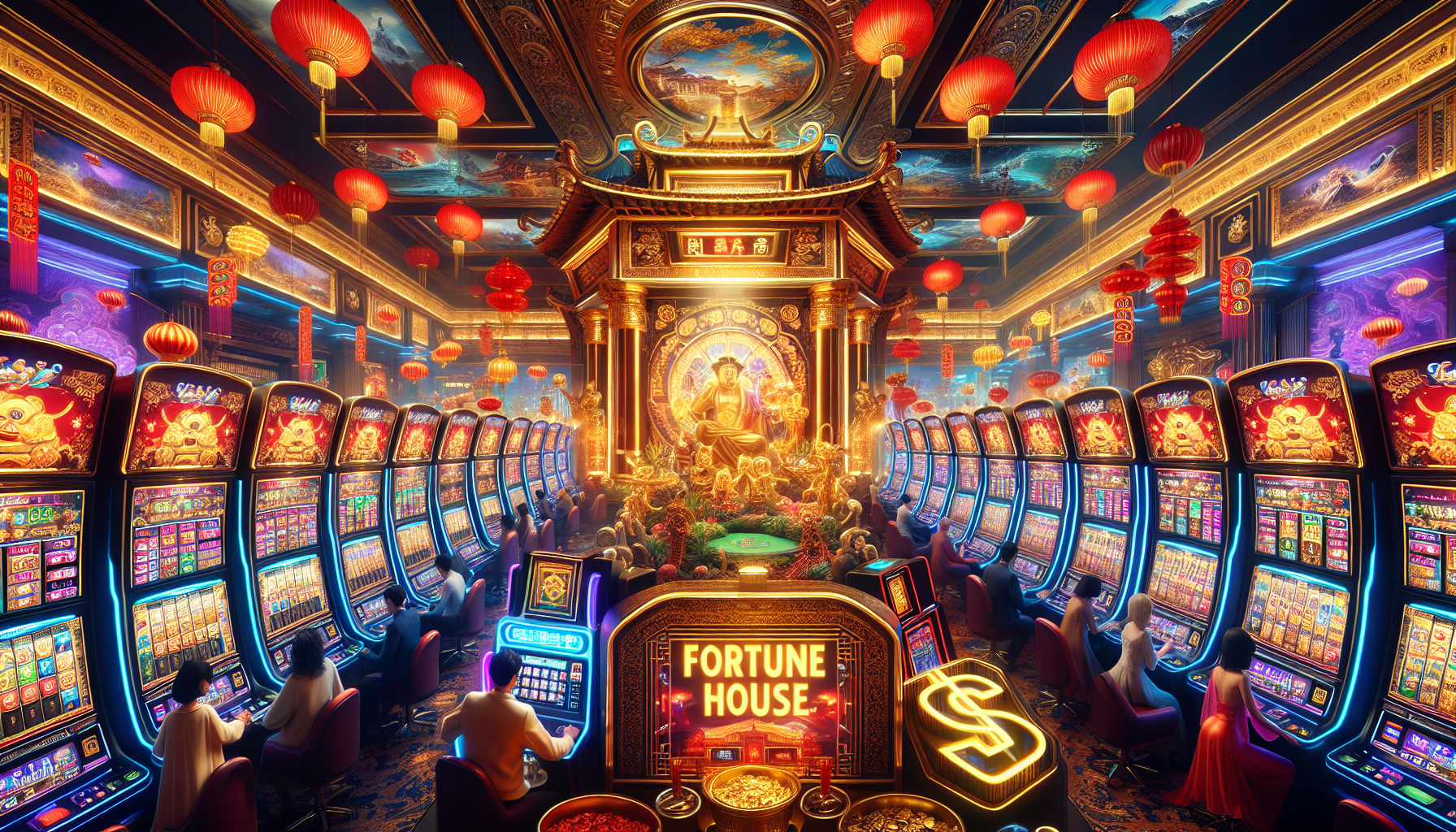Interior digital vibrante de Fortune House con temática asiática y ambiente de casino online.
