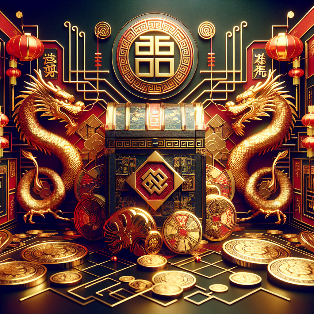 Símbolos destacados y cofres misteriosos de Fortune House en temática asiática.