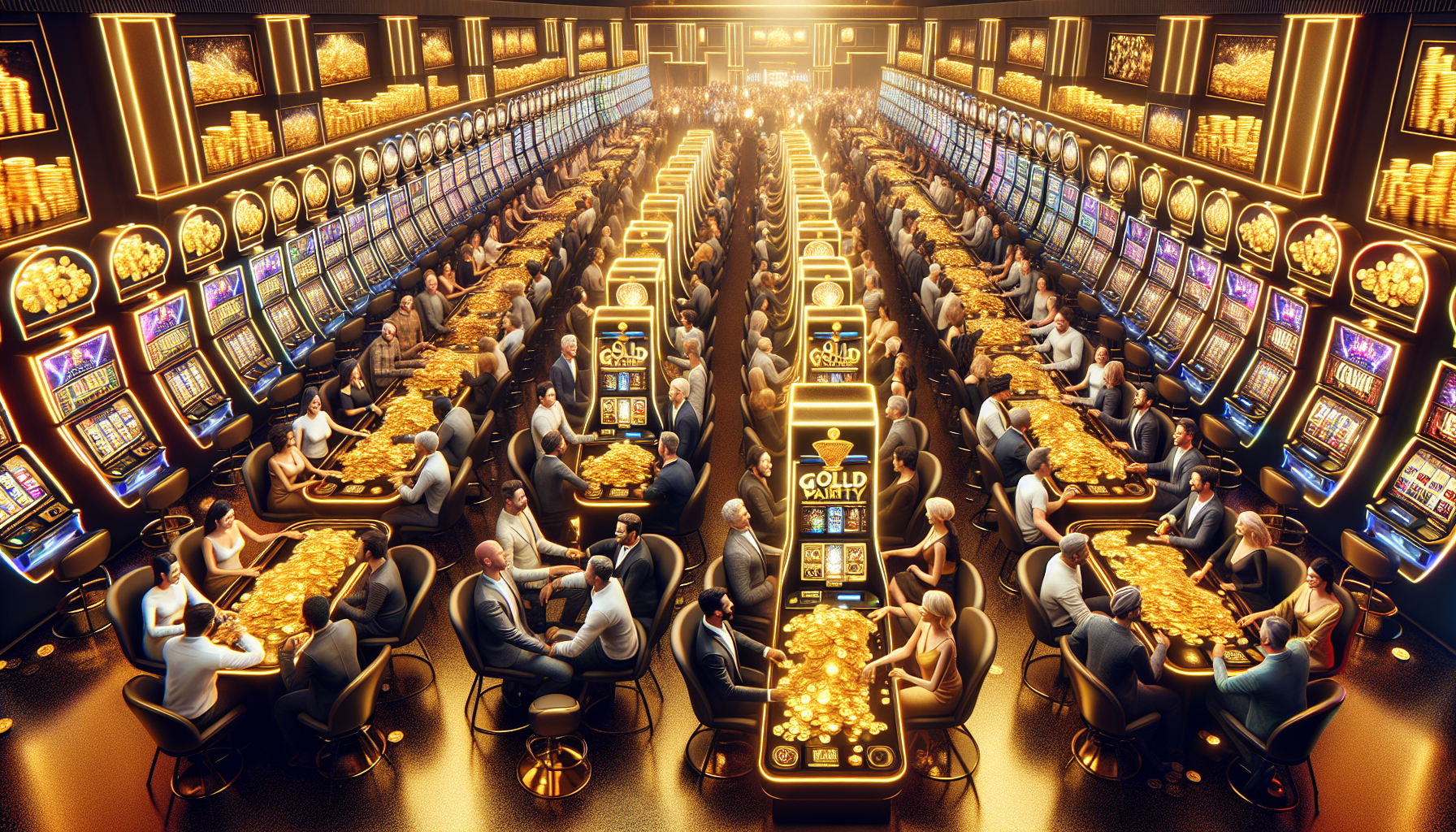 Sala virtual de casino con tragamonedas Gold Party y ambiente festivo y dorado