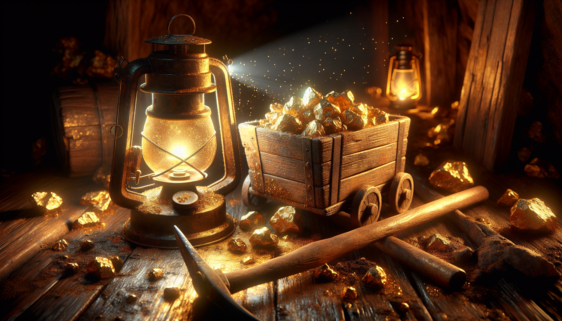 Vieja mina de oro con lingotes y herramientas, ambientada al estilo de la fiebre del oro