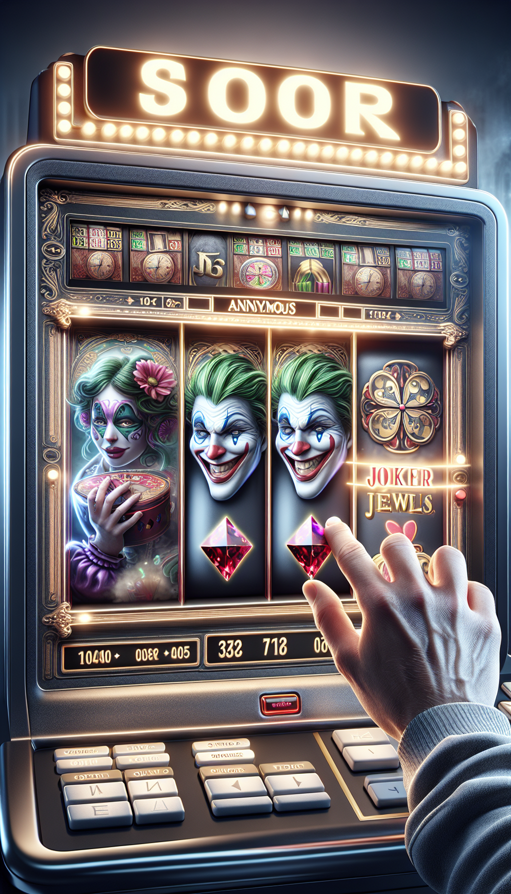 Ajustando la apuesta en la interfaz de Joker Jewels, mostrando controles y símbolos