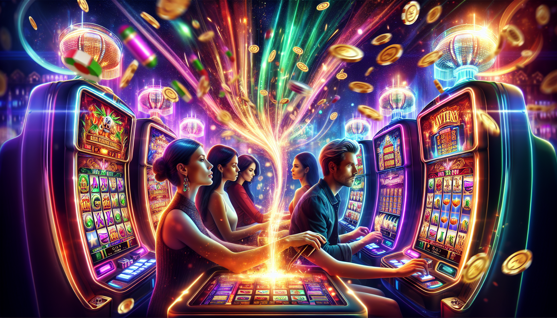 Jugadores disfrutando de bplay juegos y tragamonedas en línea, con premios digitales y luces festivas