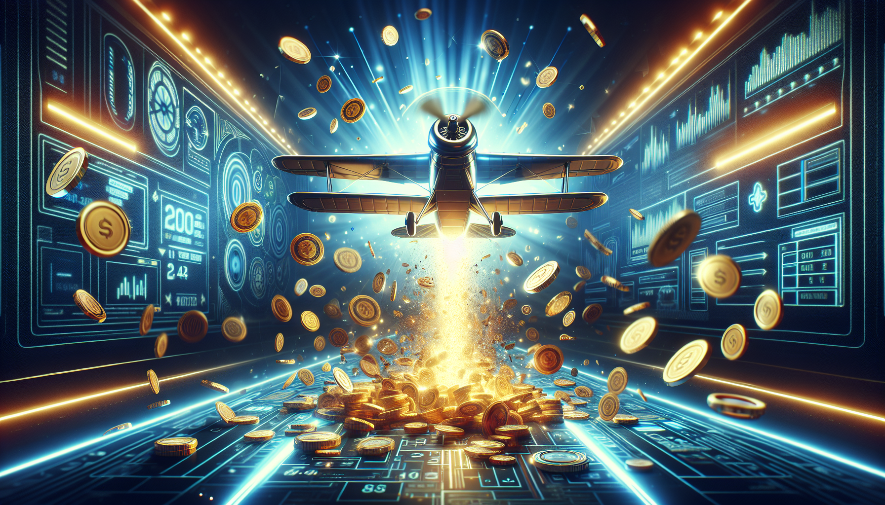 Interfaz de bplay con el juego Aviator en pantalla destacada y monedas volando