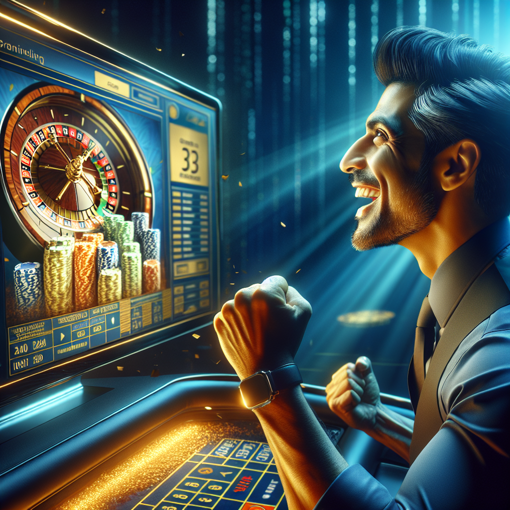 Jugador ganando premios en ruleta online de Bplay y Blay Jugador satisfecho celebrando un premio en ruleta online, pantalla con resultados positivos.