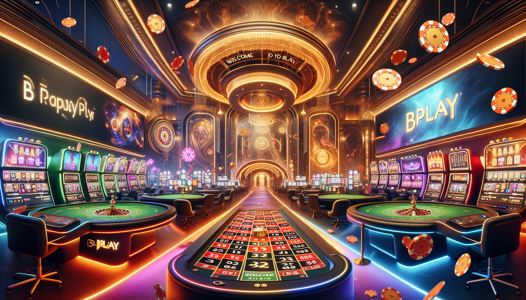 Lobby digital de casino en bplay con tragamonedas y ruletas en ambiente festivo