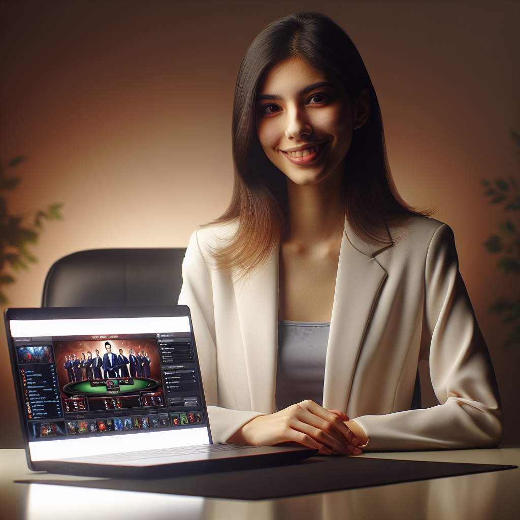 Experta en casino online consultando bplay en portátil, expresando confianza