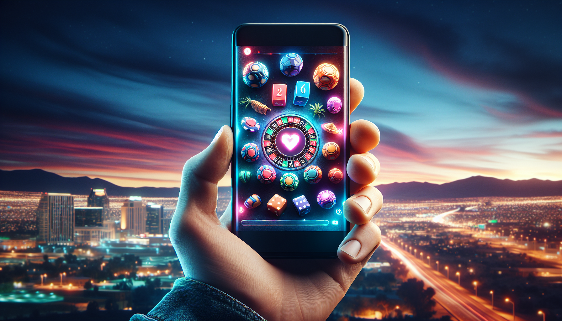 Smartphone mostrando la app oficial de Bplay Casino Santa Fe, con la ciudad de fondo nocturno
