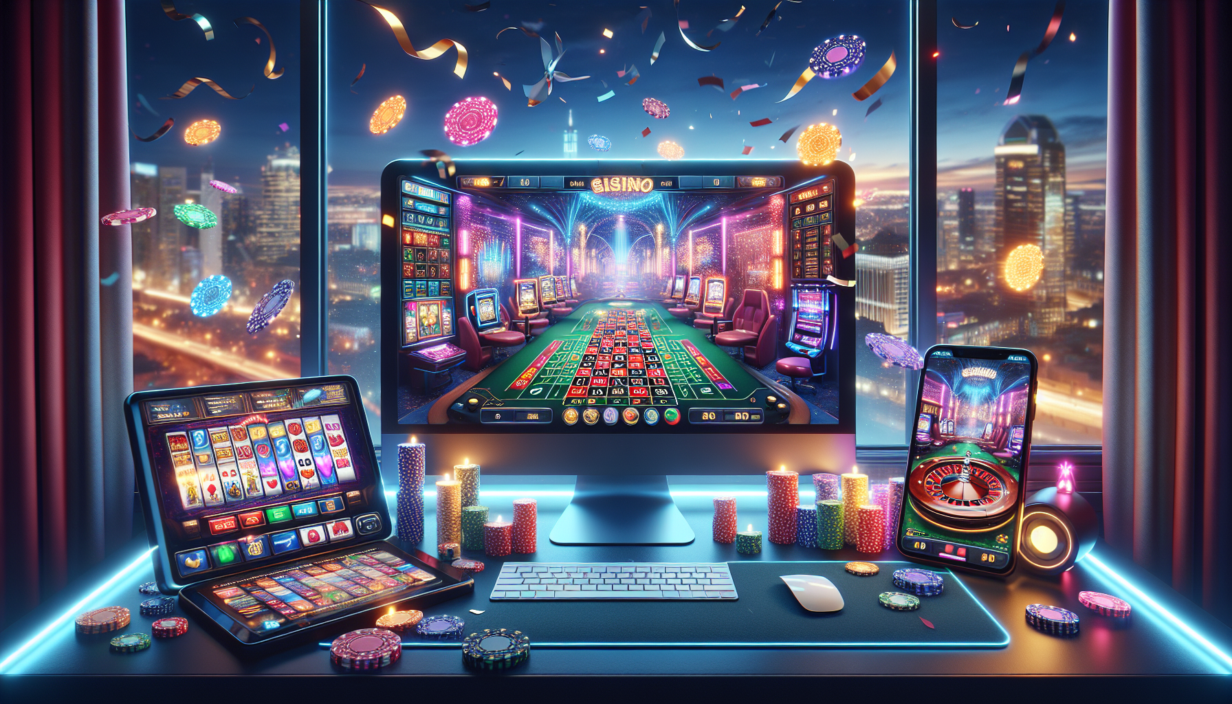 Vista colorida y festiva de la interfaz de Bplay Casino Santa Fe en computadora y móvil, con ciudad de fondo