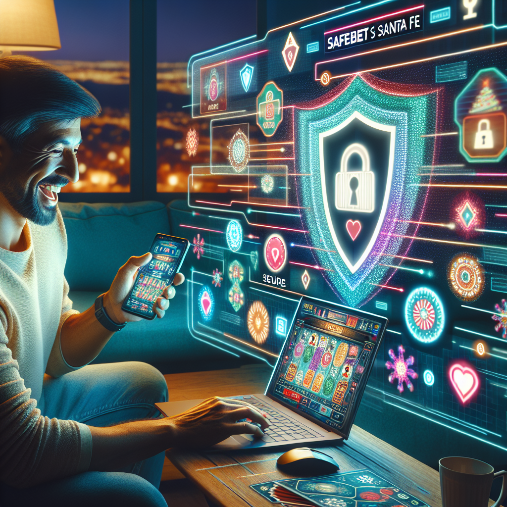 Usuario disfrutando juegos en línea Bplay Casino Santa Fe en dispositivos, con símbolos de seguridad visibles