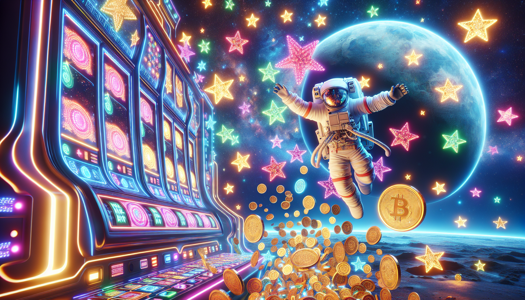 Astronauta jugando en el espacio en un slot con premios y gráficos neón.